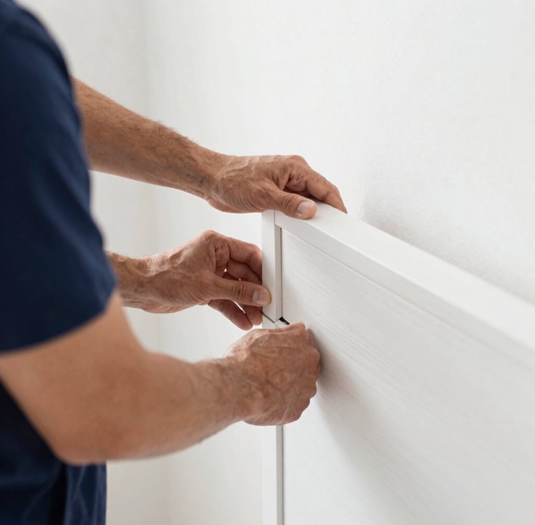 Close-up of professional delivery hands carefully securing a solid wood headboard joint, bright natural morning light, clean white and navy tones