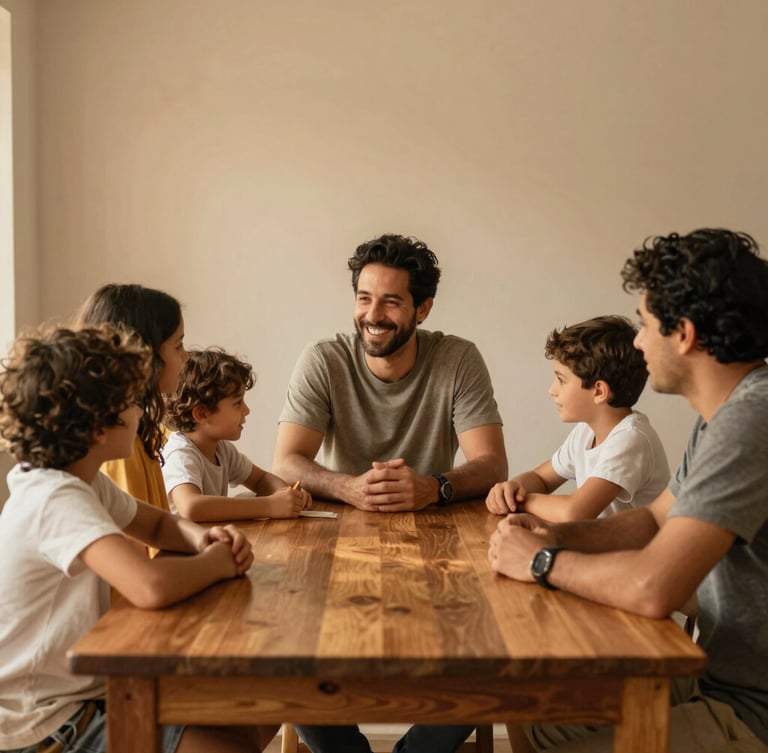 Candid warm-toned photo of Rafael Martins sitting at a wooden table with his family, smiling, soft natural home lighting, authentic documentary style.