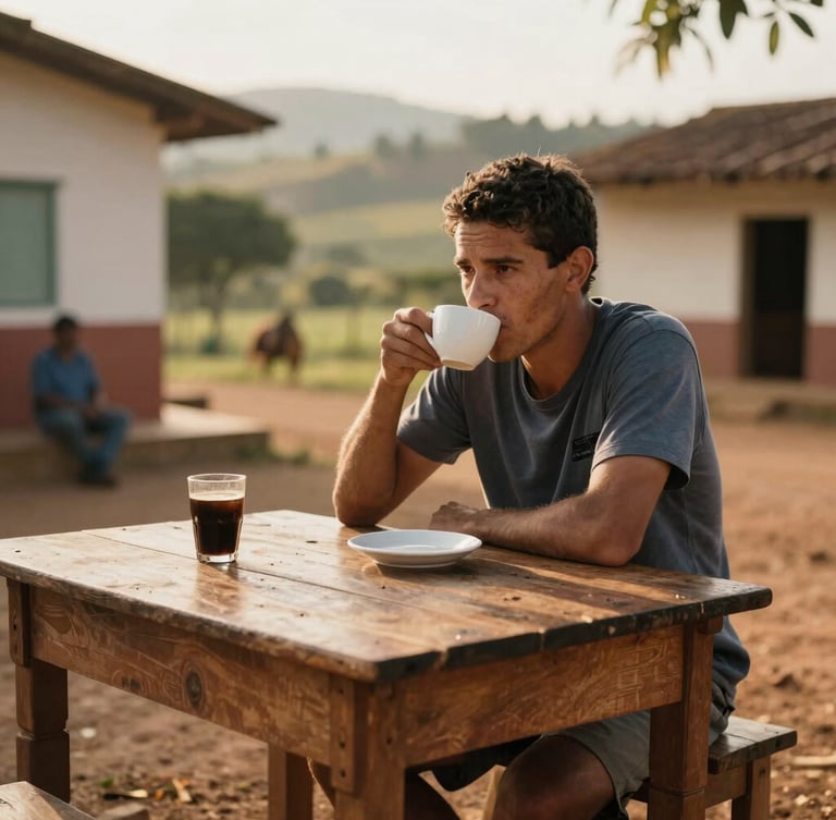 Rafael Martins sitting at a rustic wooden table drinking coffee with local residents in a small Minas Gerais town, warm morning light, soft depth of field, authentic documentary style