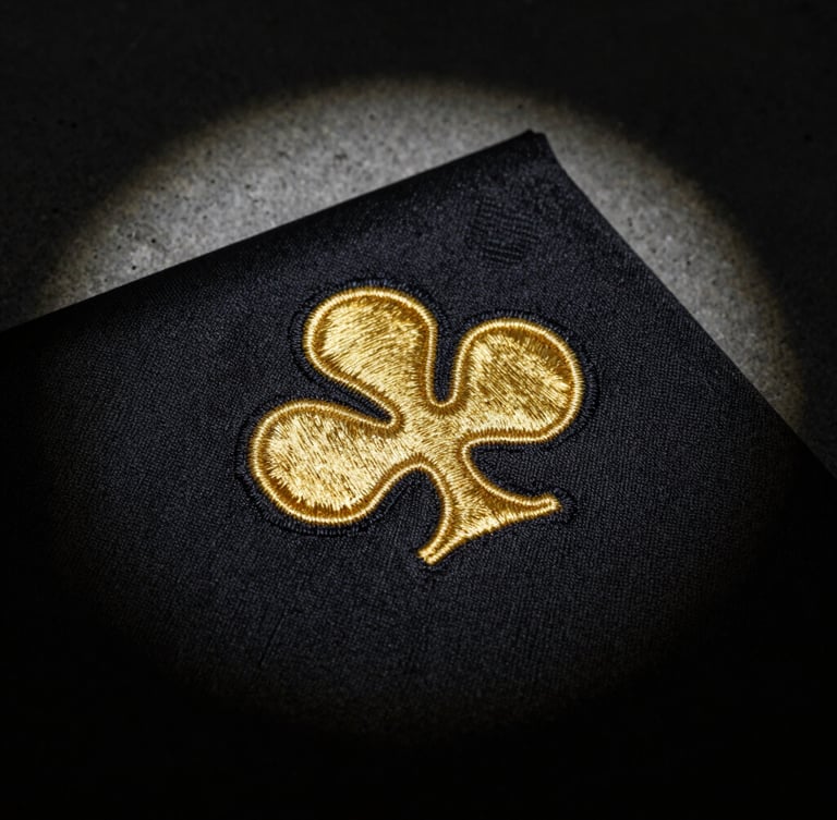 Moody low-key macro photograph of a vintage gold embroidered club crest on textured black fabric, dramatic spotlighting, deep shadows