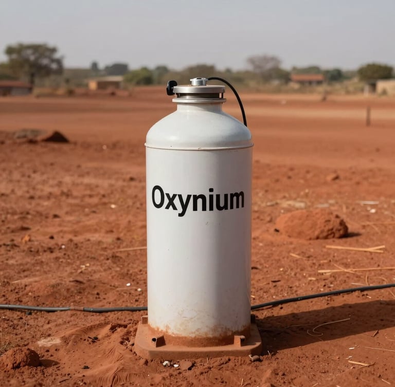 Un conteneur de génération d'oxygène Oxynium installé sur un sol de latérite rouge dans une mine au Sénégal, lumière crue de midi.