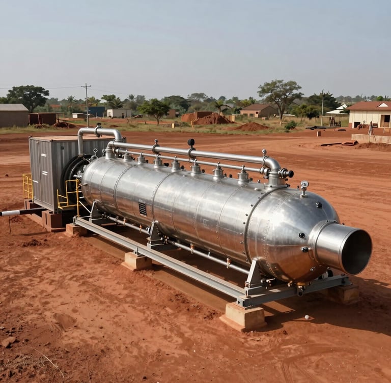 Wide environmental shot of a heavy-duty containerized oxygen generation system on red-dirt industrial terrain in Senegal, harsh midday sun, stainless steel manifolds visible.