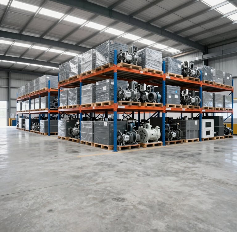Wide angle photograph of a modern industrial warehouse in Erbil, clean concrete floors, high-bay racking stacked with crated mechanical and electrical equipment, cool daylight streaming from skylights, crisp focus, 35mm