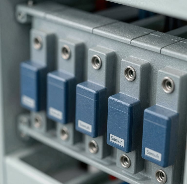 Macro shot of heavy-duty industrial electrical switchgear components in cool slate gray, crisp daylight focus, engineering precision