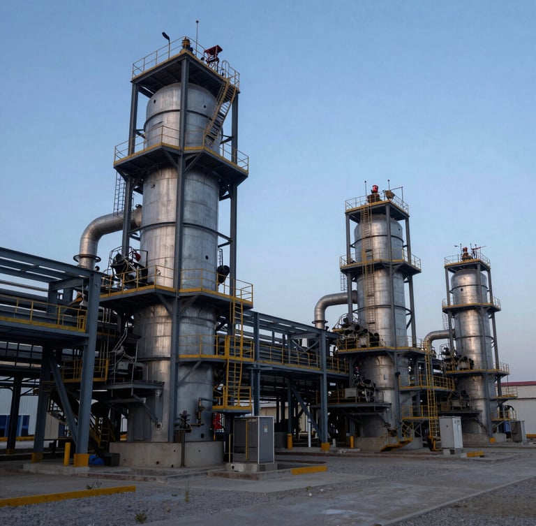 Wide environmental shot of an industrial manufacturing facility in Kurdistan at dawn, cool daylight, steel structures, 35mm crisp focus