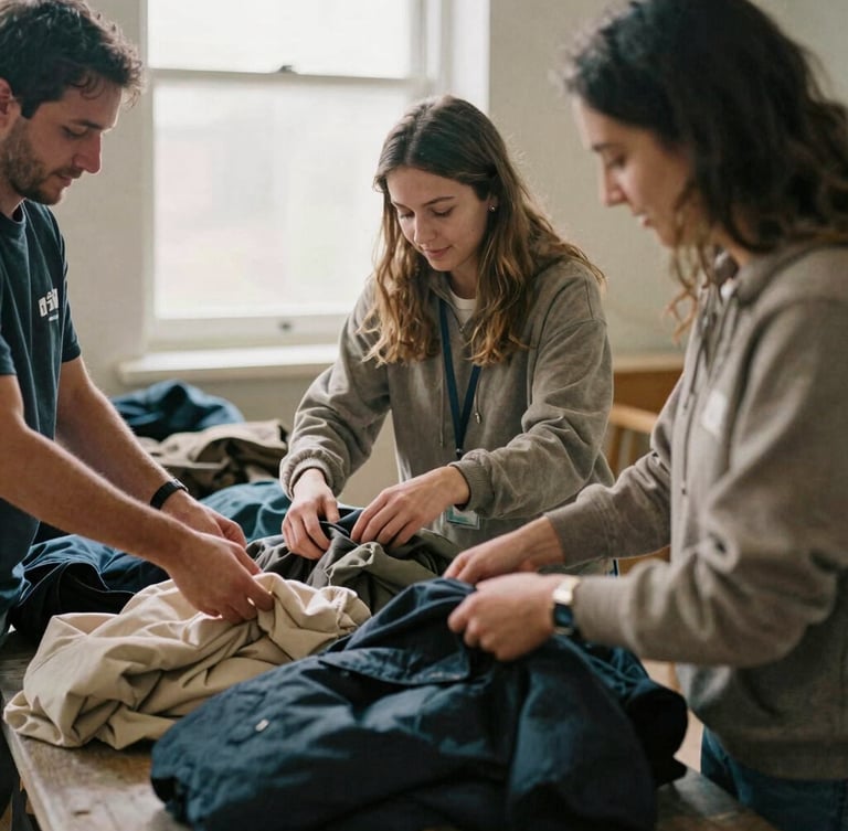 Warm editorial photography of volunteers sorting winter coats under soft natural window light, earthy organic tones, candid 35mm film style.