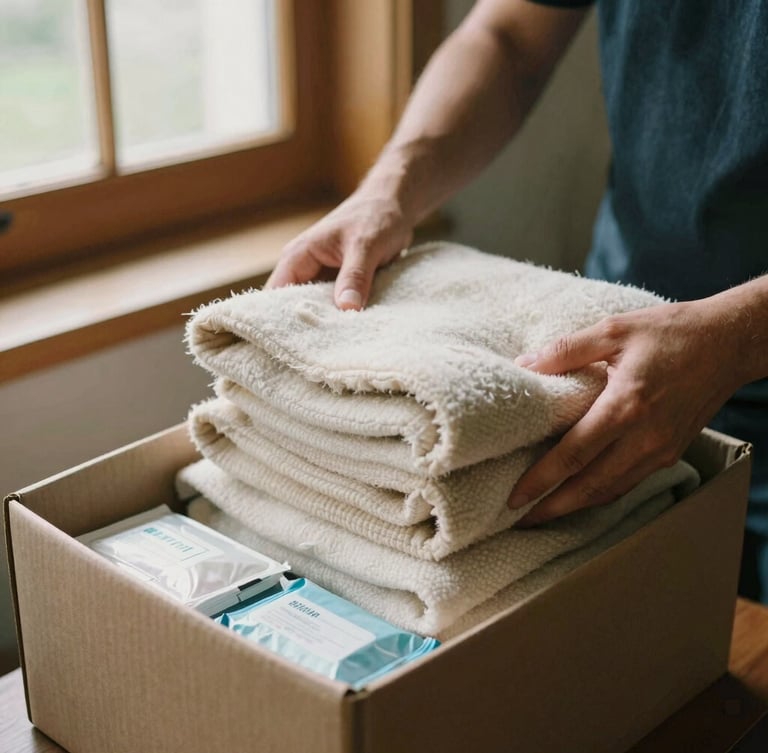Candid medium shot of volunteer hands carefully packing clean, folded wool blankets and hygiene kits into a sturdy box, warm natural window light, earthy organic tones, 35mm film look