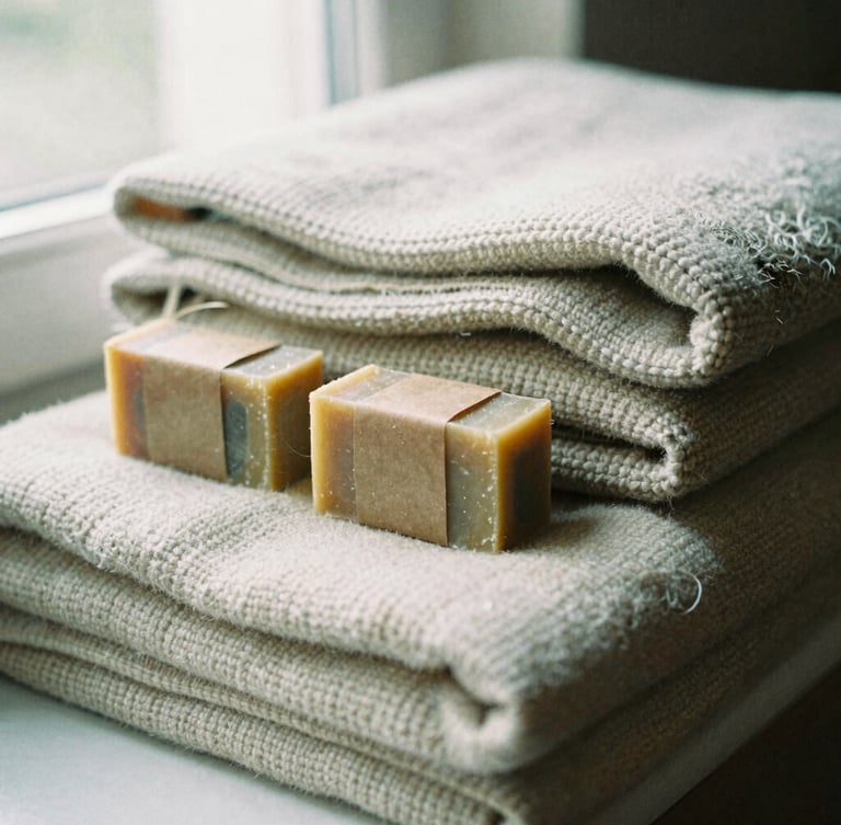 Close-up of neatly folded thick wool blankets and handmade soap bars packaged in simple brown paper, soft natural light, warm organic tones, 35mm film look