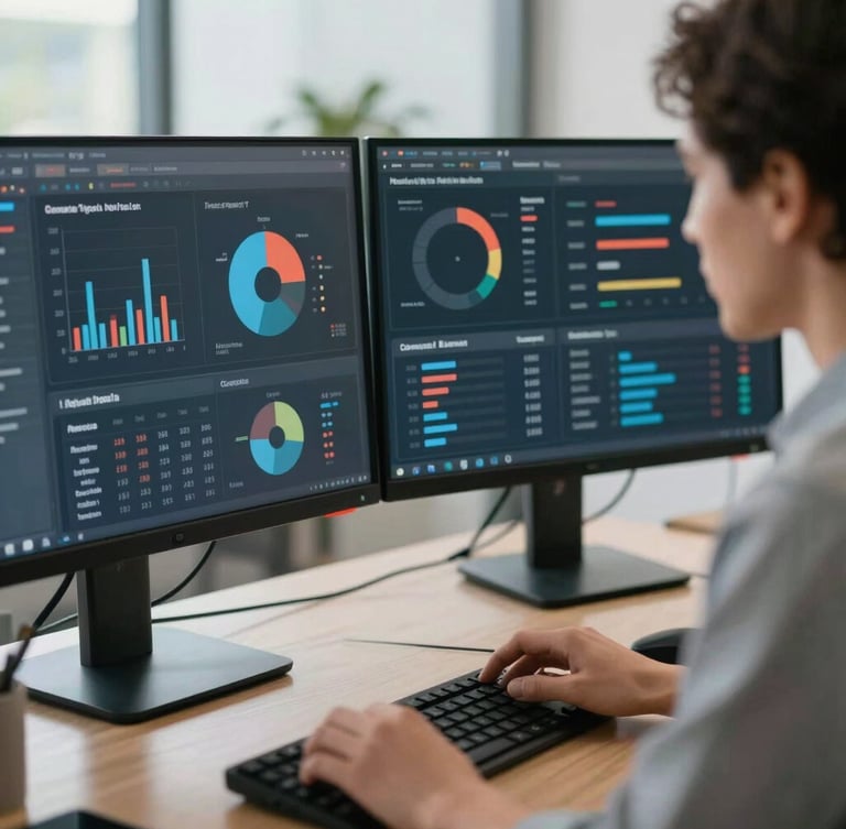 Medium close-up of a professional digital marketer analyzing real-time performance dashboards on dual monitors in a bright modern office.