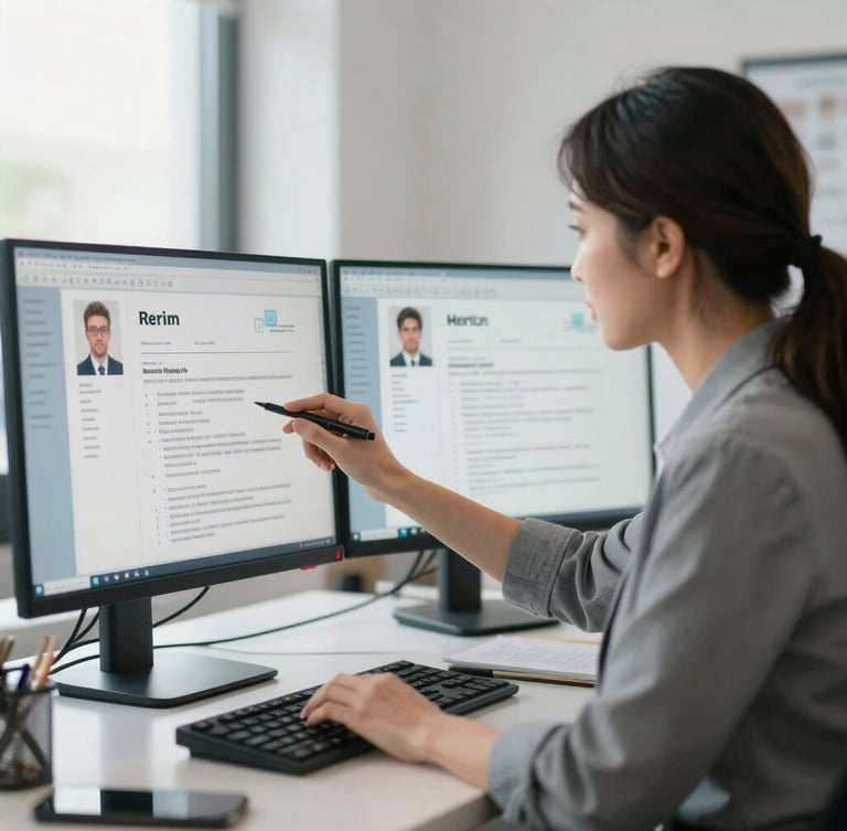 A professional HR specialist analyzing candidate resumes on a dual-monitor setup in a bright, modern office, clean daylight, focused composition.