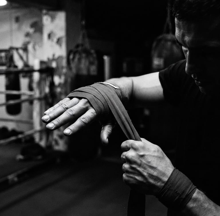Gritty black and white close-up of a fighter wrapping their hands with red wraps in a dimly lit gym, dramatic side lighting, 35mm film.