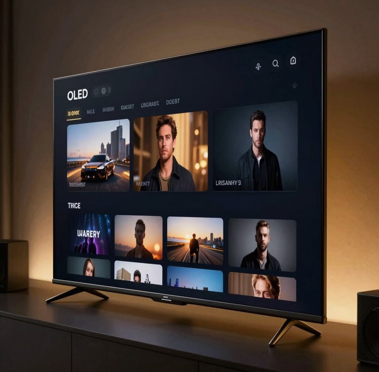Extreme close-up of a bezel-less OLED TV screen displaying a sleek dark-mode media console UI with gold accents, low-key dramatic theater lighting, soft gold ambient backlighting, luxury home theater setting.