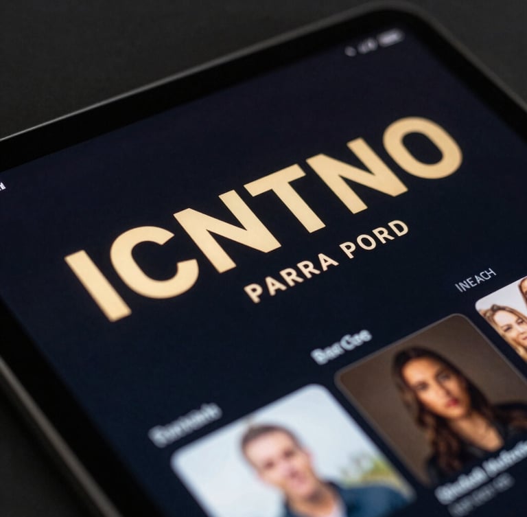 Extreme close-up of a premium tablet displaying a dark-mode entertainment interface with glowing gold highlights and crisp typography, dark background