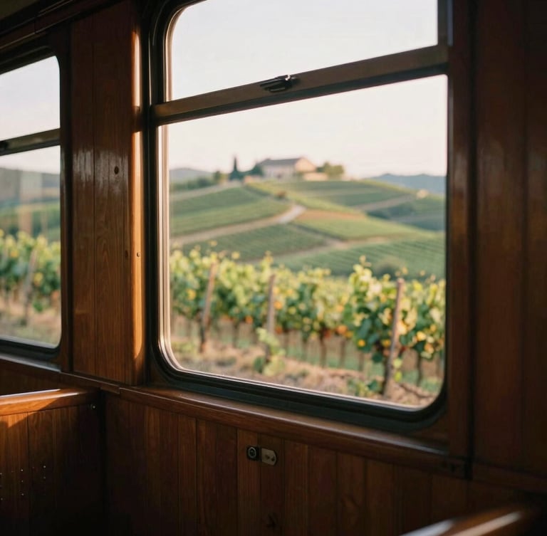 Close-up of a vintage wood-paneled train window framing a view of terraced Italian vineyards at golden hour, soft shadows, warm natural light, 35mm film aesthetic
