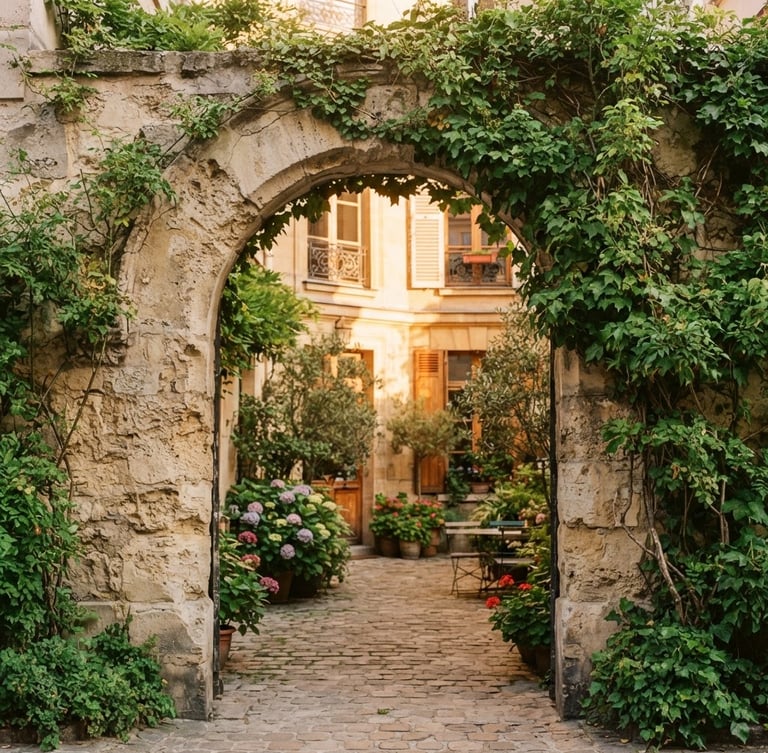 Close-up of a weathered limestone archway leading into a sun-drenched private Parisian courtyard, soft golden-hour light, green ivy climbing the stone, 35mm film aesthetic