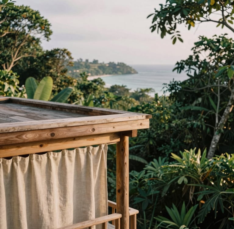 Intimate close-up of a luxury eco-villa made of raw timber and linen, nestled in a lush tropical jungle canopy overlooking a quiet bay, soft overcast daylight, organic textures, 35mm film aesthetic.