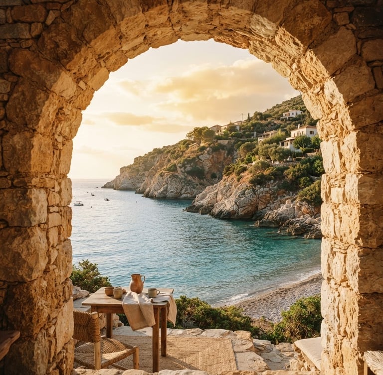 Sun-drenched stone archway overlooking a quiet Mediterranean cove, warm golden-hour light, organic textures of linen and stone, 35mm film aesthetic.