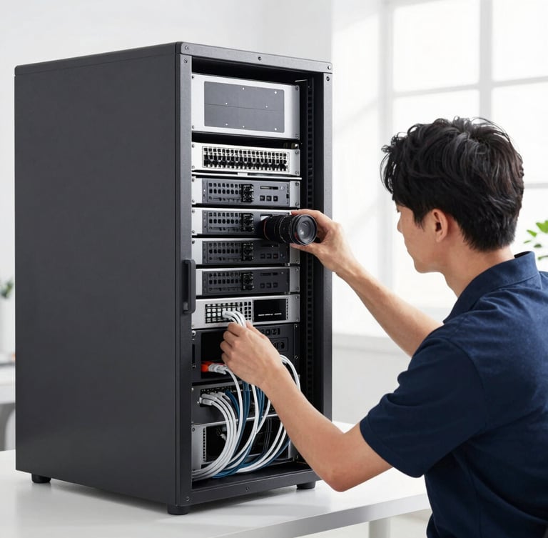 Systems engineer configuring a clean server rack, bright natural lighting, organized cables, professional workspace, sharp focus, 50mm lens