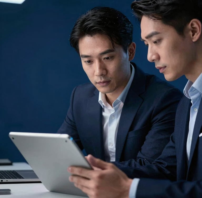 Medium close-up of two professional traders collaborating over a tablet in a modern cool-toned office, deep blue background, sharp focus