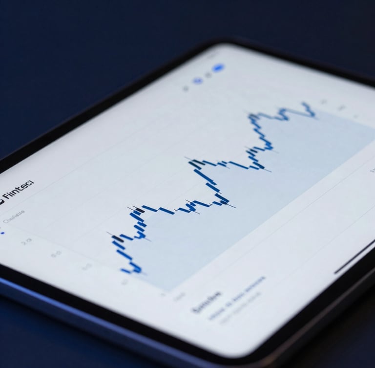 Sleek fintech close-up of financial charts on a tablet screen, cool ambient studio lighting, deep midnight blue and metallic silver tones, sharp focus
