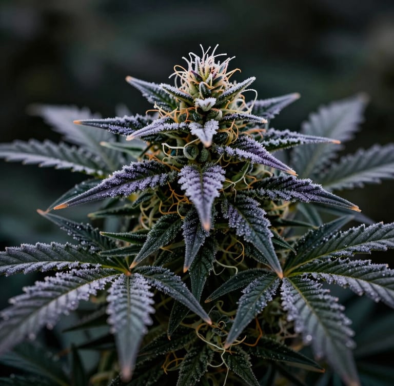 Macro photograph of a frosty, trichome-covered cannabis calyx with deep purple and forest green hues, dramatic side-lighting, high-end botanical editorial style.