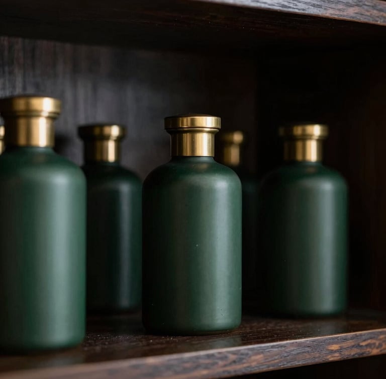 Close-up of elegant dark green and brass apothecary jars on a dark wooden shelf, moody directional lighting, sophisticated botanical editorial style.