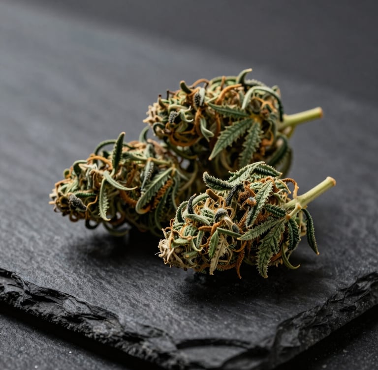 Close-up of cured cannabis flower buds resting on a dark slate stone surface, dramatic side-lighting with deep shadows, luxury botanical style