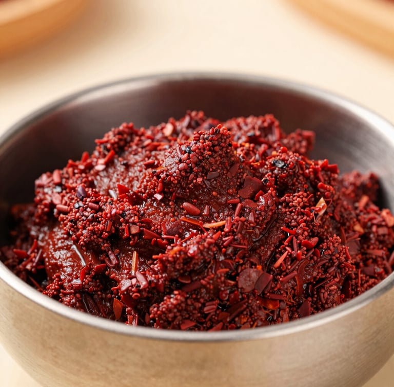 Macro shot of vibrant red achiote paste in a clean stainless steel container, soft natural daylight, shallow depth of field