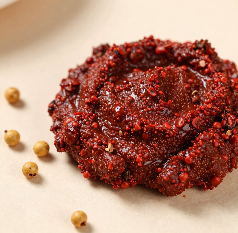Macro shot of vibrant red achiote paste and whole golden peppercorns on a clean surface, soft natural daylight, warm tones, shallow depth of field