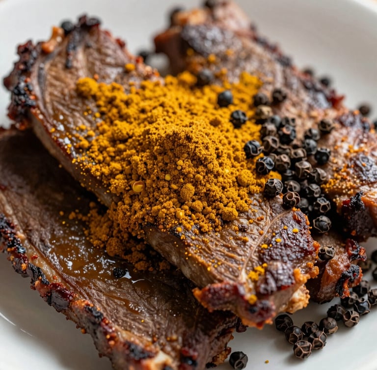 Overhead clean shot of traditional Costa Rican seasoned meats, vibrant achiote powder, whole black peppercorns, warm editorial daylight, shallow depth of field.