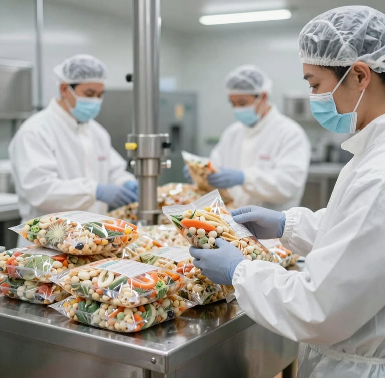 Spotless stainless steel food manufacturing facility, clean industrial environment, professional staff in protective gear managing bulk packaging, bright soft natural light