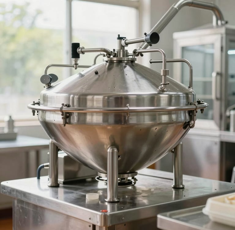 Spotless modern food processing plant stainless steel machinery, bright natural daylight, clean environment