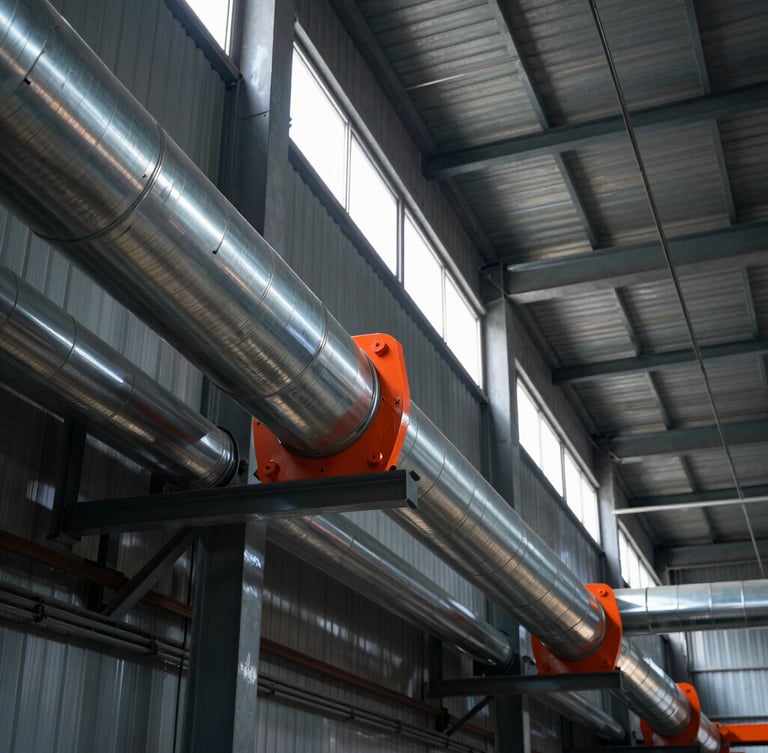 Low-angle linear perspective of heavy-duty stainless steel ductwork running across an industrial factory ceiling, sharp technical details, dramatic side lighting from high windows, cool steel tones with safety orange accents.