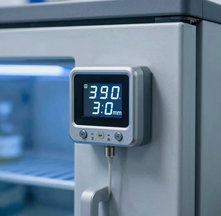 Macro shot of a sleek digital temperature sensor mounted on a stainless steel ultra-freezer, sterile blue light, sharp focus on LED display showing clinical telemetry, 35mm