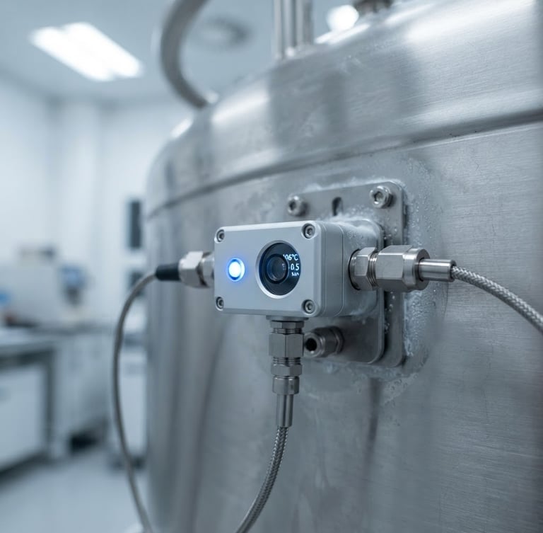 Macro shot of a sleek digital sensor node mounted on a stainless steel cryogenic tank, sterile blue indicator light active, cleanroom environment, 35mm clinical photography.
