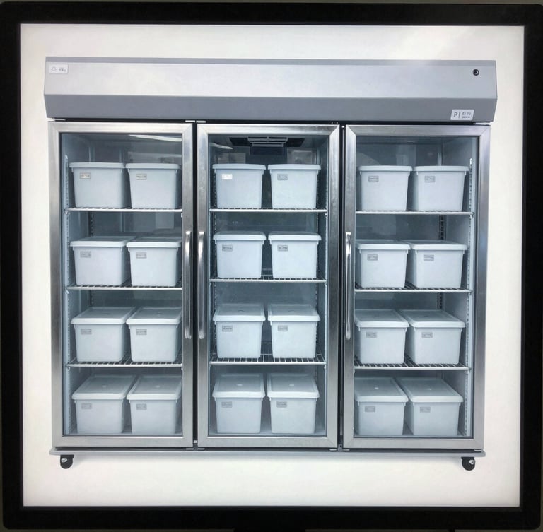 Orthographic screen display showing a clean 3D interactive model of laboratory freezer racks and storage boxes, sterile clinical aesthetic, sharp focus.