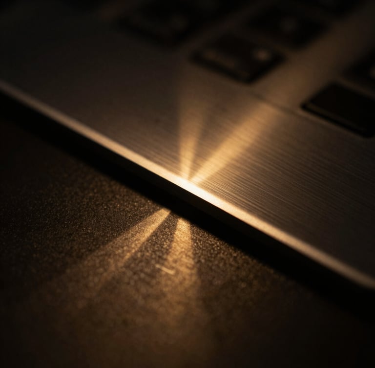 Macro close-up of a dark metallic workspace interface, soft gold radial glow reflecting off polished steel edges, low-key dramatic lighting, minimalist composition, 35mm photography