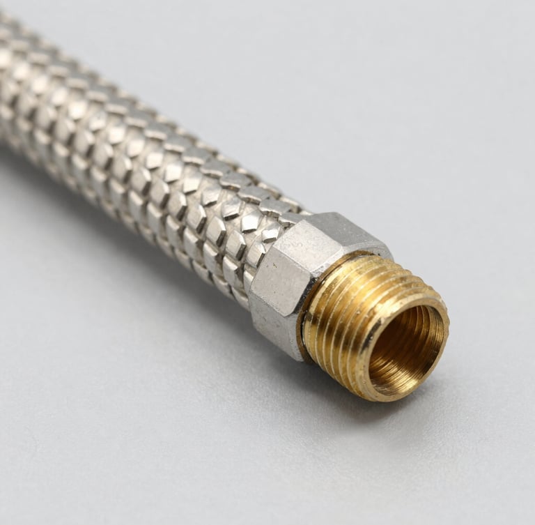 Sharp macro shot of stainless steel braided flexible hose, brass threads visible, bright studio lighting, neutral grey background, industrial focus