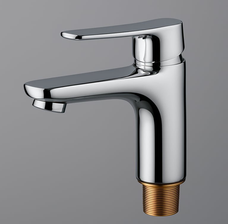 Sharp macro shot of a modern chrome water faucet, bright studio lighting with crisp metallic reflections, neutral grey background, detailed brass threads visible at the base, 50mm lens, sharp focus.