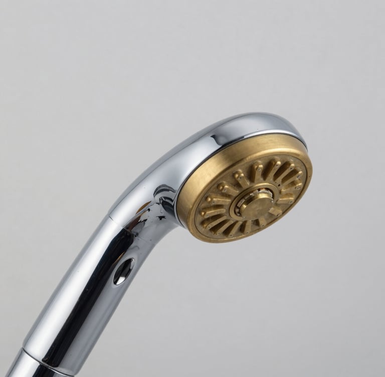 Sharp macro shot of a chrome-plated brass shower head, bright studio lighting with crisp metallic reflections, neutral grey background, sharp focus, 50mm lens