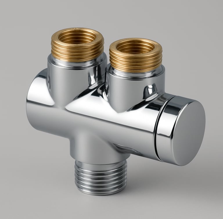 Detailed eye-level product photography of a dual-outlet shower system valve, showing brass internal threads and chrome finishing, bright studio lighting, neutral grey background