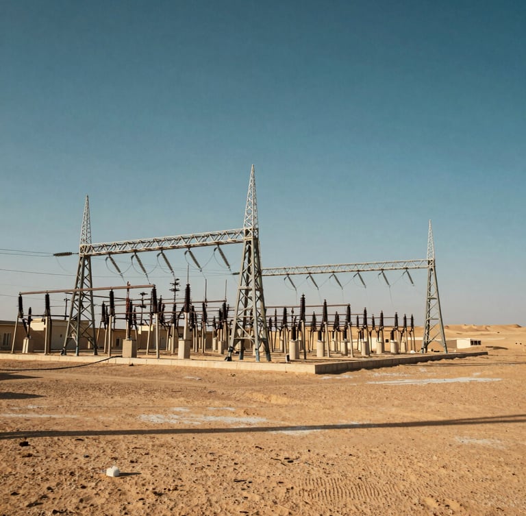 Wide panoramic shot of an electrical transmission substation in the MENA desert under intense shimmering midday sun, high contrast, deep shadows, cinematic scale.