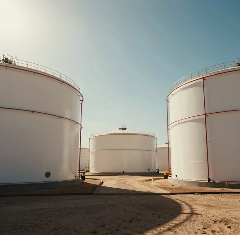 Cinematic wide shot of massive crude oil storage tanks under intense midday desert sun, deep shadows, high-contrast heat haze, clean industrial lines