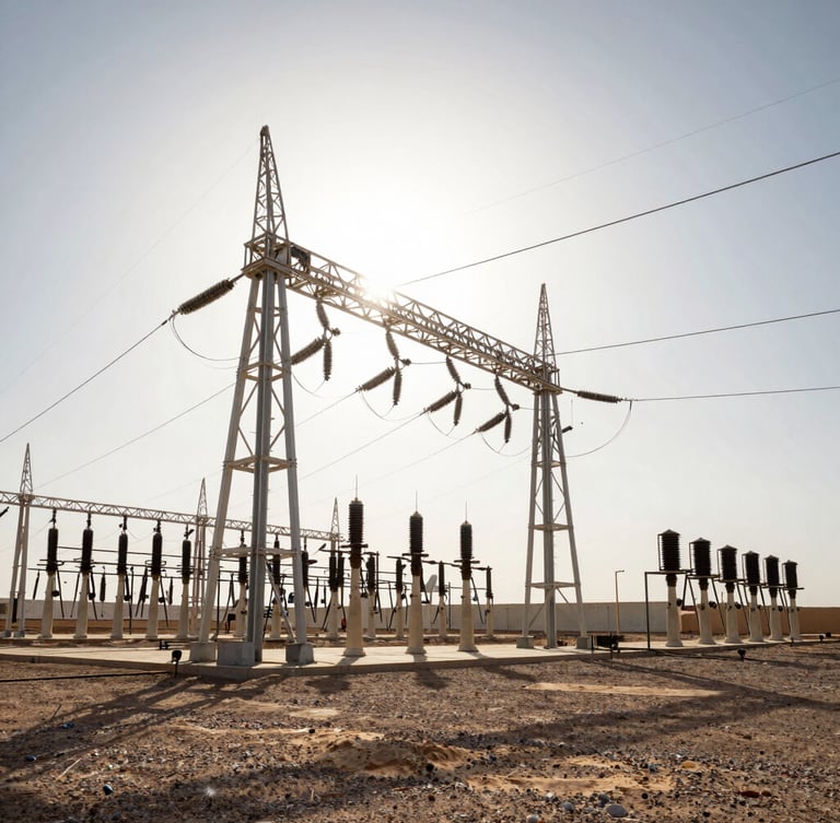 Wide-angle cinematic shot of a massive electrical substation in the MENA desert under a harsh, high-contrast midday sun, deep shadows, heat shimmer rising from the ground, ultra-precise composition.