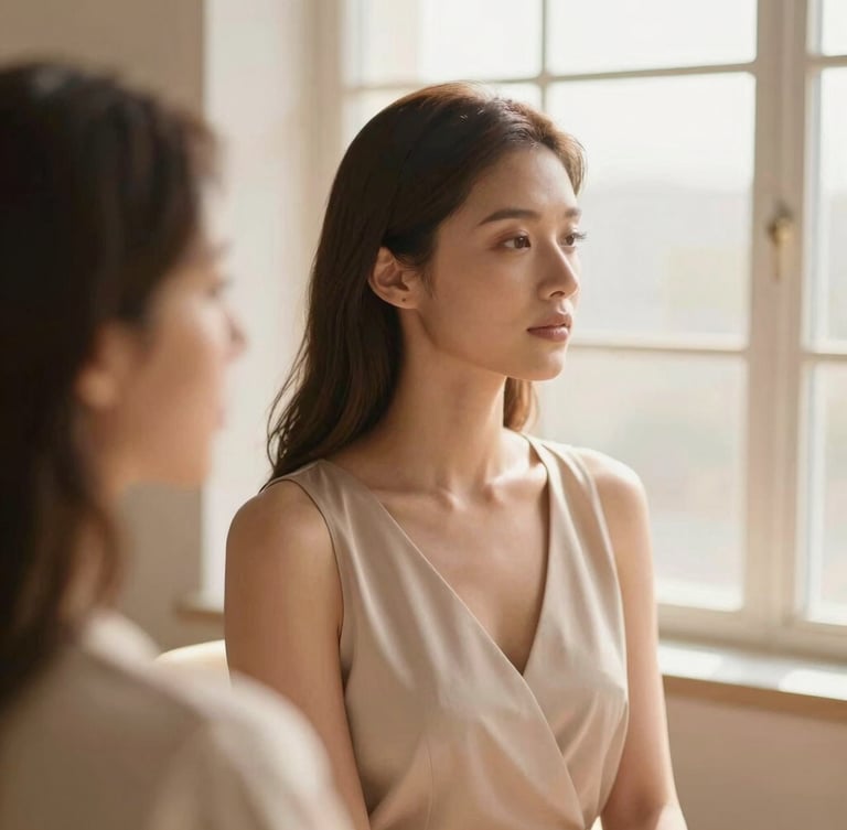 Elegant woman in a quiet moment of reflection, soft golden-hour window light, muted champagne and blush tones, shallow depth of field, 35mm, an unhurried consultation setting