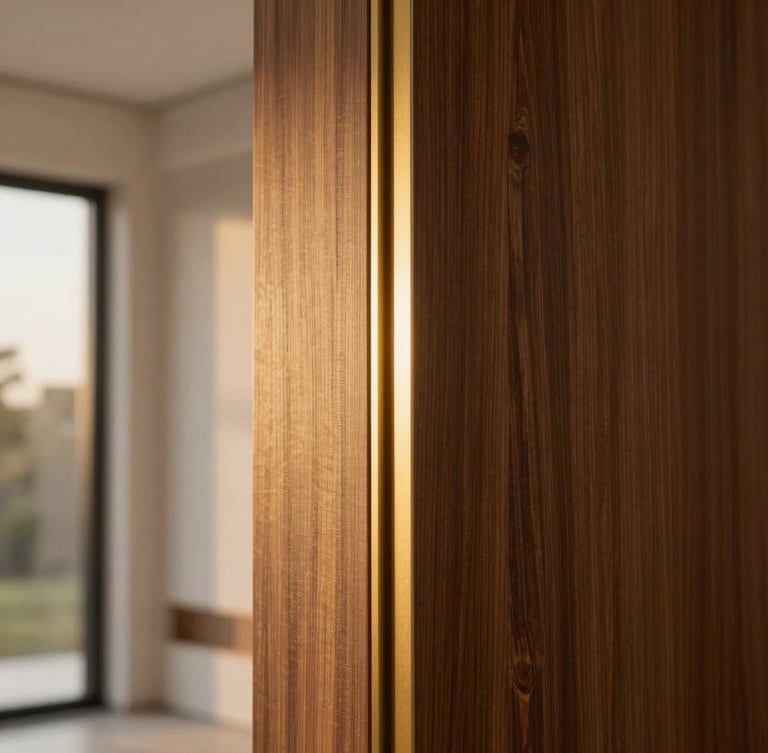 Close-up architectural shot of a luxury WPC door edge, showcasing the rich wood-grain polymer texture and seamless golden metal inlay, warm side lighting, premium craftsmanship