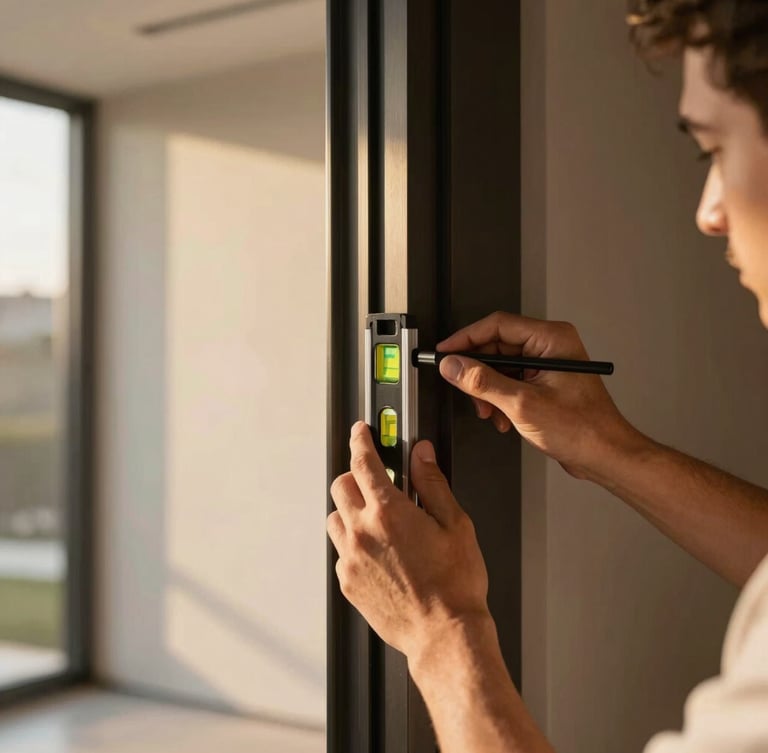 Close-up of professional hands using a precision level tool on a sleek dark door frame, warm interior lighting, focused and clean craftsmanship.