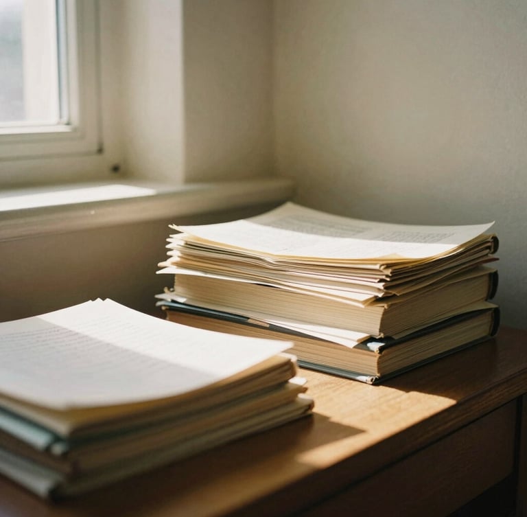 Warm editorial photography of a quiet library corner with stacked manuscripts on a wooden writing desk, soft directional window daylight casting deep shadows, rich cream tones, shallow depth of field, 35mm film.