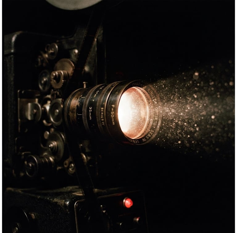 Extreme close-up of a vintage 35mm film projector lens glowing with high-contrast light in a pitch-black projection room, cinematic dust motes, deep shadows, 35mm grain