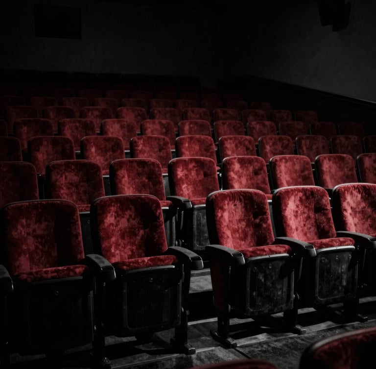 Low-key high-contrast black and white shot of empty vintage cinema seats in a grand old theater, dramatic key light casting long shadows across the red velvet, mysterious atmosphere